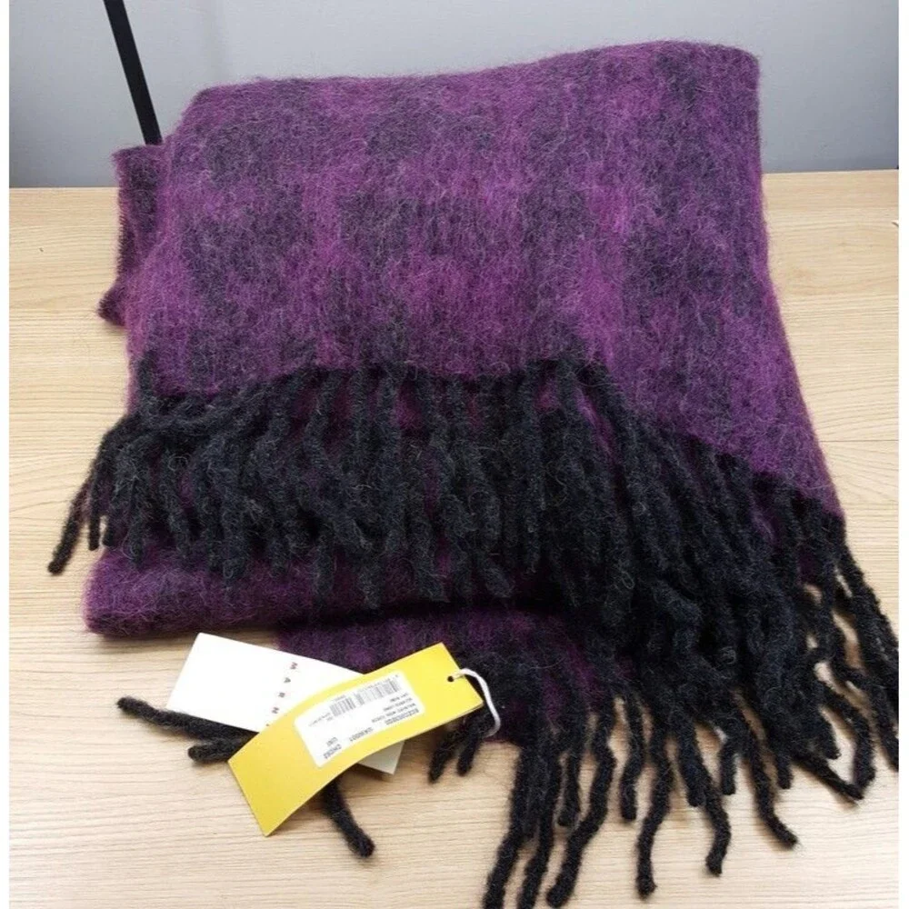 MARNI Brushed Wool Mohair Oversized Check Scarf Purple Black Fringe ITALY 100x30
